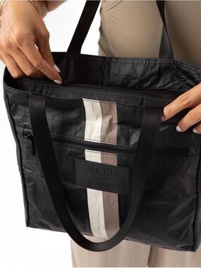 ALOHA Collection Black Tote with Center Cream and Tan Stripe